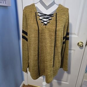 Always Indigo 2X Dark Mustard Jersey Style Lace Up Top